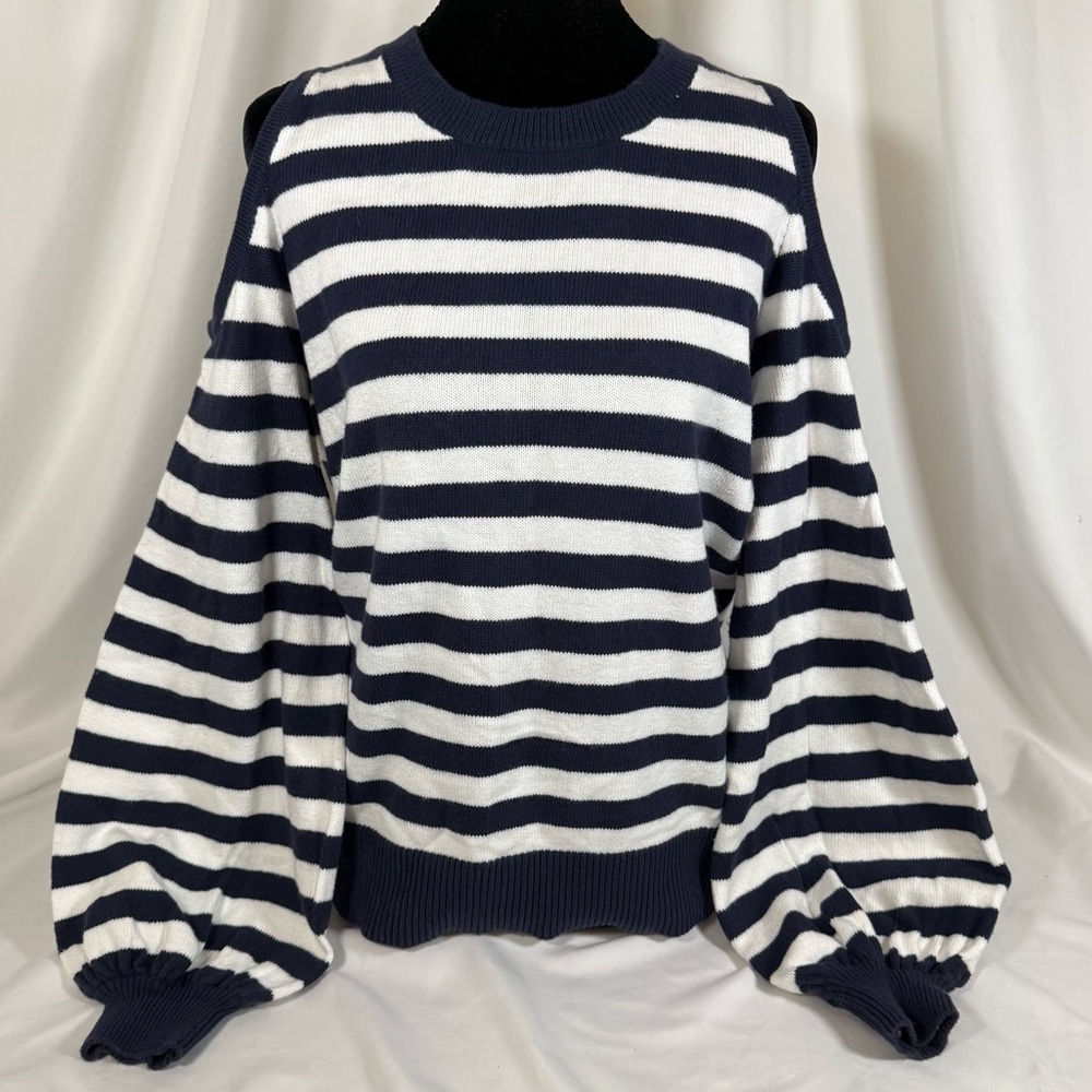Michael Kors Navy & White Striped Cold-Shoulder Crewneck Sweater